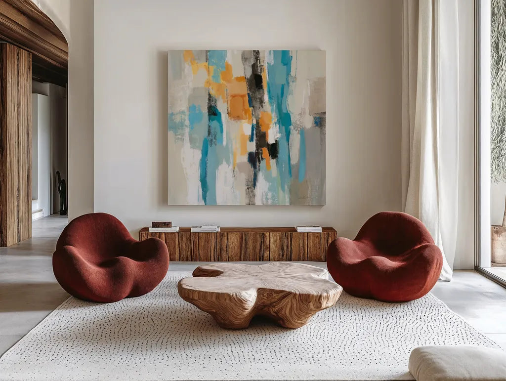 Steps on Sand I Aqua Sq by Silvia Vassileva. Shown as extra-large giant wall art in a modern living room. Available as an archival giclee rolled canvas, fine art paper, or poster print. SKU 78140a.