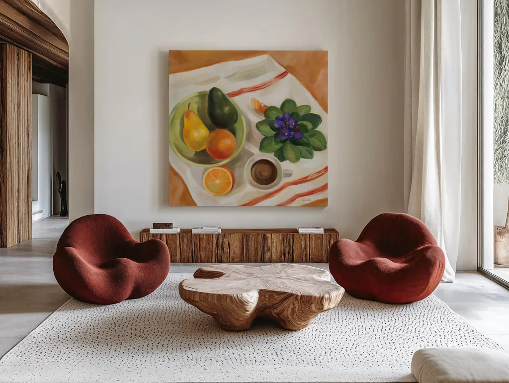 Still Life with Violets by Silvia Vassileva. Shown as extra-large giant wall art in a modern living room. Available as an archival giclee rolled canvas, fine art paper, or poster print. SKU 90325a.