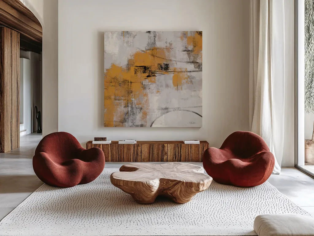 Stone Gardens II Autumn by Silvia Vassileva. Shown as extra-large giant wall art in a modern living room. Available as an archival giclee rolled canvas, fine art paper, or poster print. SKU 78324a.