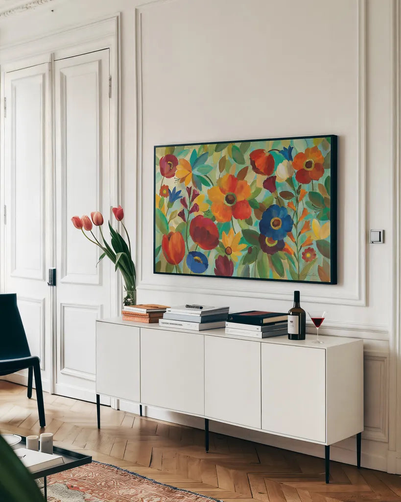 Summer Floral V by Silvia Vassileva. shown as a framed stretched canvas in a living room above a console. Available as a archival giclee rolled canvas, fine art paper, or poster print. SKU 10294i.
