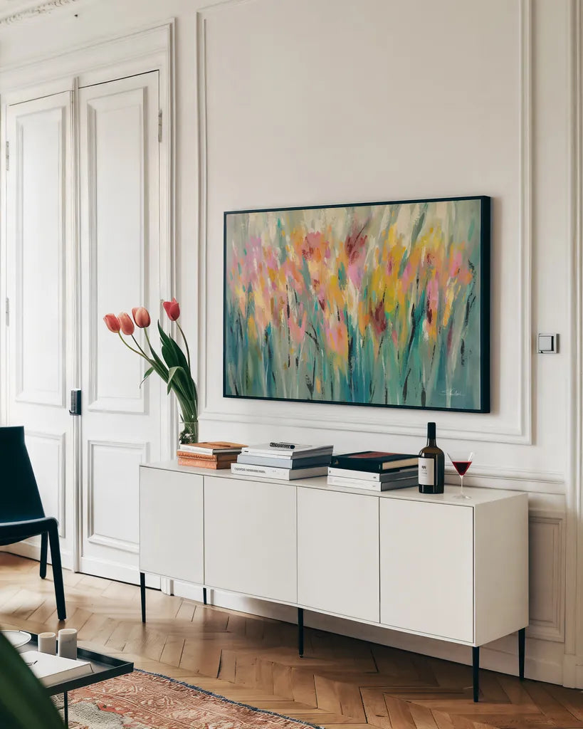 Summer Garden Joy by Silvia Vassileva. shown as a framed stretched canvas in a living room above a console. Available as a archival giclee rolled canvas, fine art paper, or poster print. SKU 74914i.