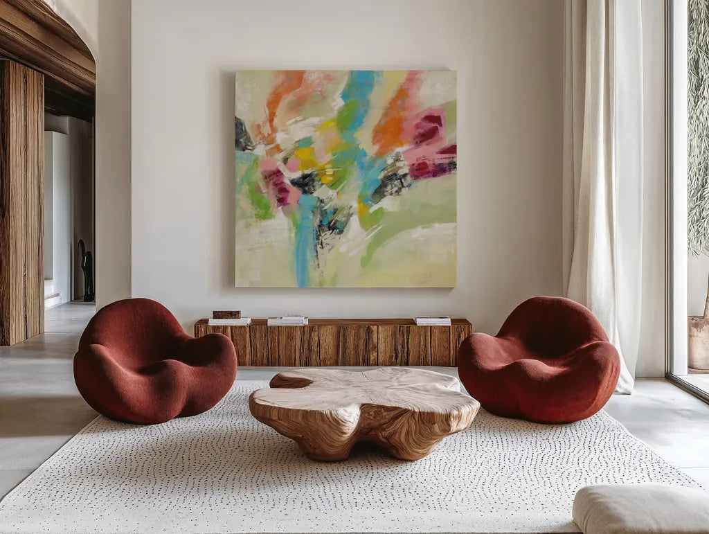 Summer Lunapark by Silvia Vassileva. Shown as extra-large giant wall art in a modern living room. Available as an archival giclee rolled canvas, fine art paper, or poster print. SKU 65680a.