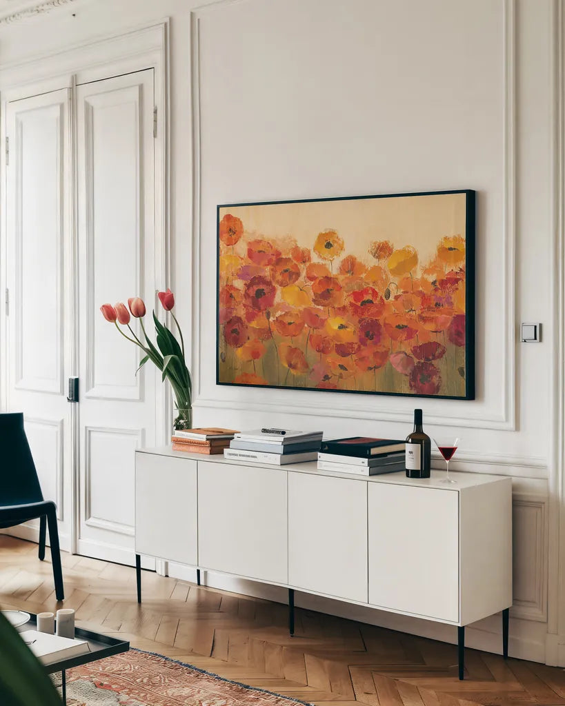 Summer Poppies by Silvia Vassileva. shown as a framed stretched canvas in a living room above a console. Available as a archival giclee rolled canvas, fine art paper, or poster print. SKU 10616i.