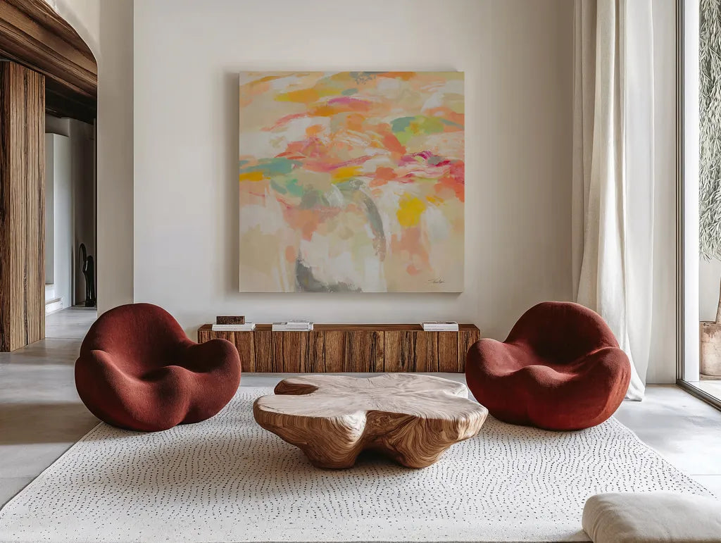Summer Solstice by Silvia Vassileva. Shown as extra-large giant wall art in a modern living room. Available as an archival giclee rolled canvas, fine art paper, or poster print. SKU 90253a.
