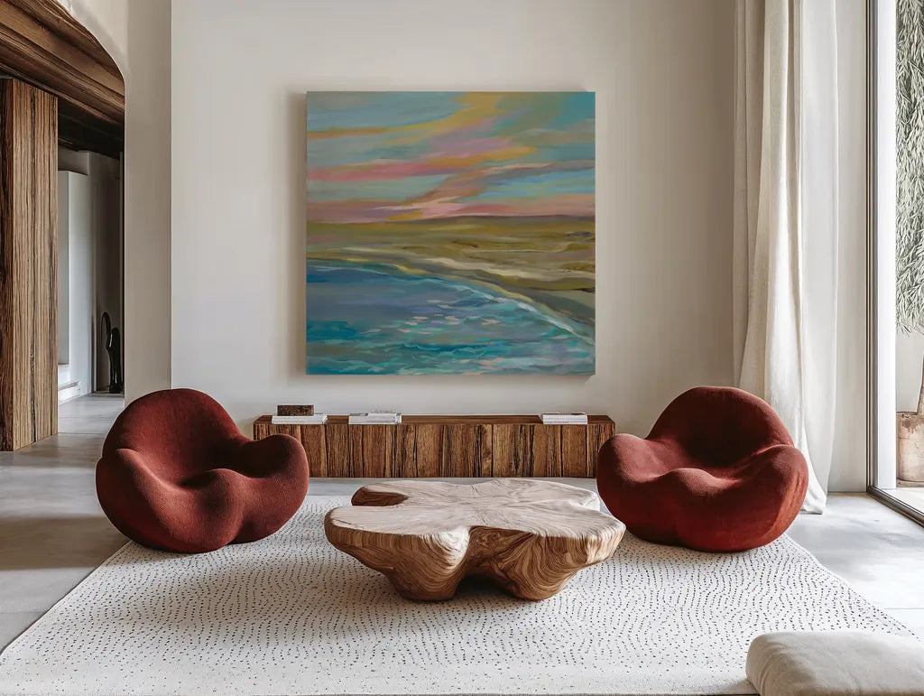Sunrise Dunes by Silvia Vassileva. Shown as extra-large giant wall art in a modern living room. Available as an archival giclee rolled canvas, fine art paper, or poster print. SKU 67016a.