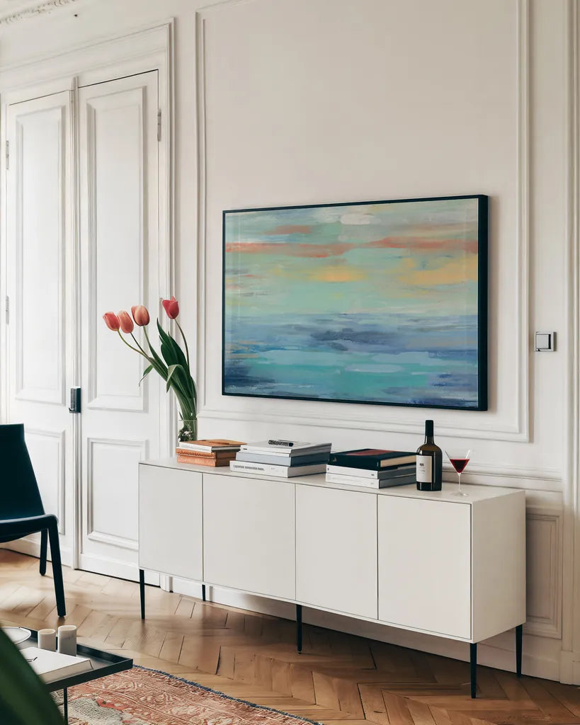 Sunset Beach III by Silvia Vassileva. shown as a framed stretched canvas in a living room above a console. Available as a archival giclee rolled canvas, fine art paper, or poster print. SKU 28162i.