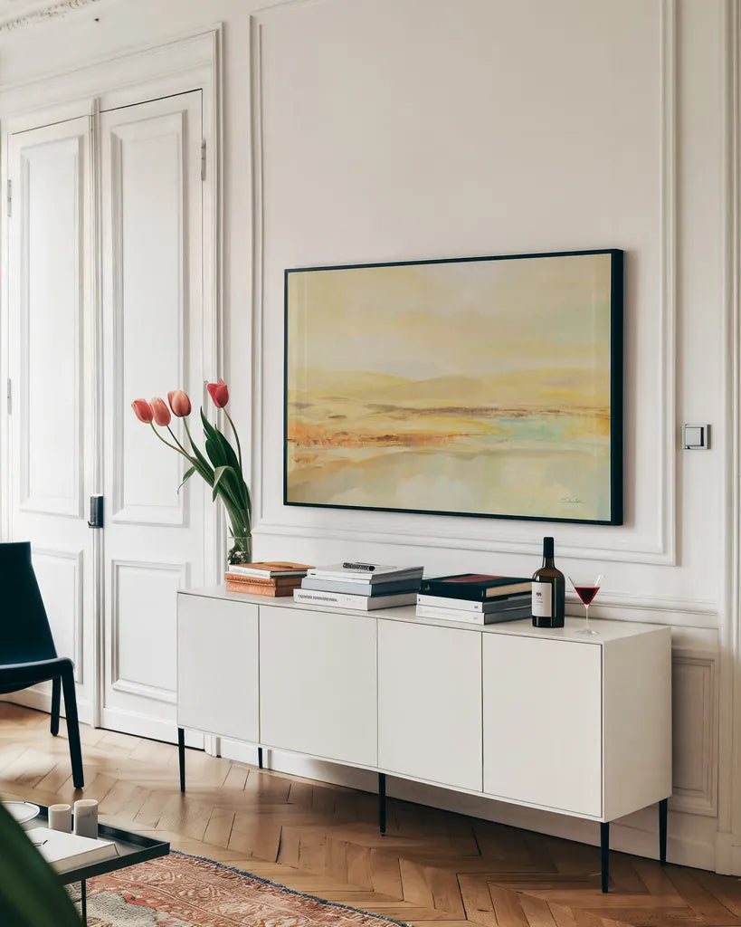 Sunshine by Silvia Vassileva. shown as a framed stretched canvas in a living room above a console. Available as a archival giclee rolled canvas, fine art paper, or poster print. SKU 90250i.