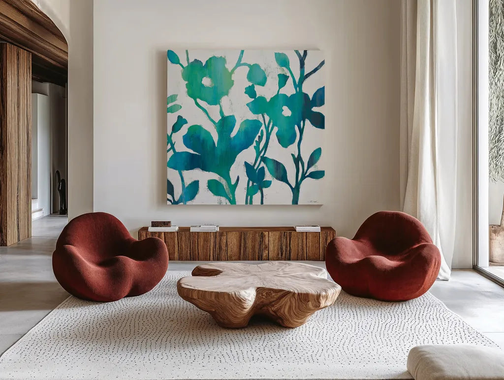 Teal Trio V on White by Silvia Vassileva. Shown as extra-large giant wall art in a modern living room. Available as an archival giclee rolled canvas, fine art paper, or poster print. SKU 24039a.