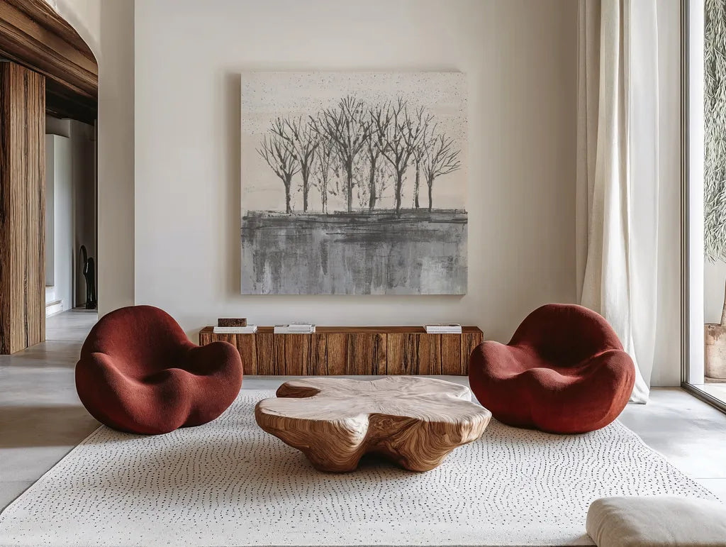 Trees at Dawn II Neutral by Silvia Vassileva. Shown as extra-large giant wall art in a modern living room. Available as an archival giclee rolled canvas, fine art paper, or poster print. SKU 60555a.
