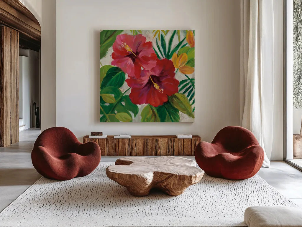 Tropical Jewels I v2 Crop by Silvia Vassileva. Shown as extra-large giant wall art in a modern living room. Available as an archival giclee rolled canvas, fine art paper, or poster print. SKU 32994a.
