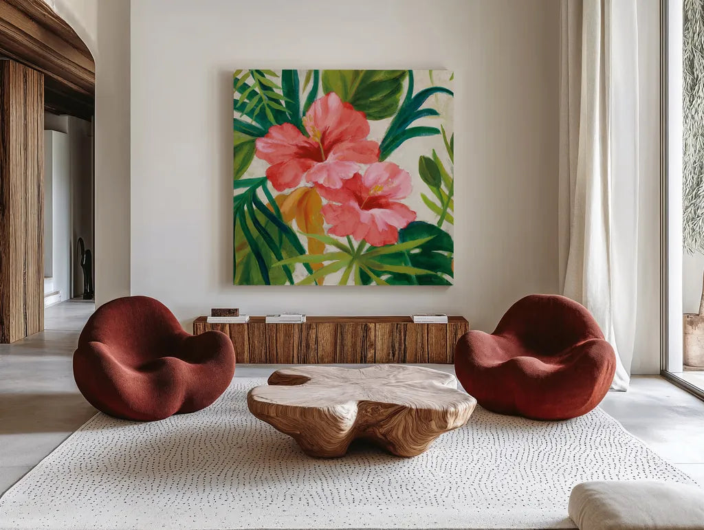 Tropical Jewels II v2 Pink Crop by Silvia Vassileva. Shown as extra-large giant wall art in a modern living room. Available as an archival giclee rolled canvas, fine art paper, or poster print. SKU 54293a.