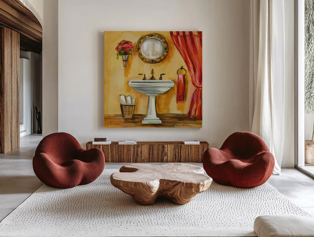 Tuscan Bath IV by Silvia Vassileva. Shown as extra-large giant wall art in a modern living room. Available as an archival giclee rolled canvas, fine art paper, or poster print. SKU 9967a.