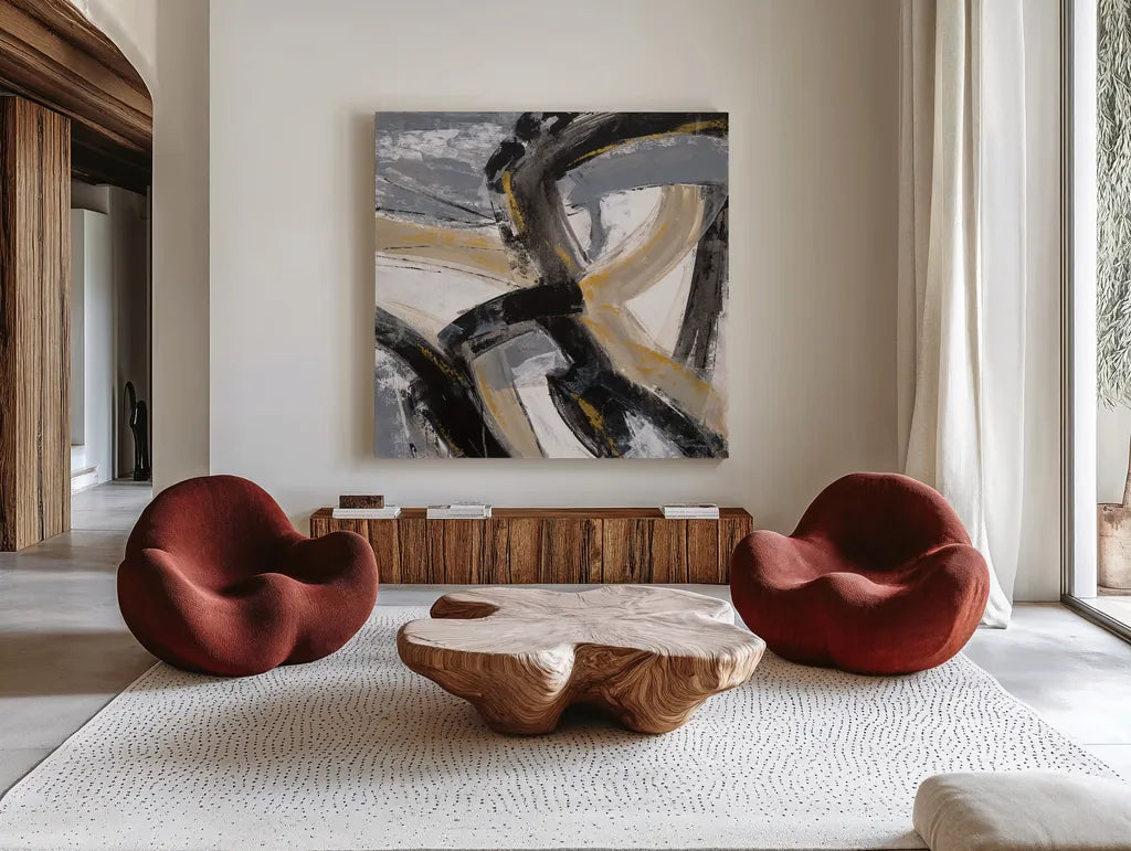 Urban Graffiti II by Silvia Vassileva. Shown as extra-large giant wall art in a modern living room. Available as an archival giclee rolled canvas, fine art paper, or poster print. SKU 65677a.