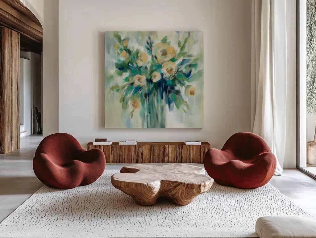 Vase of Flowers by Silvia Vassileva. Shown as extra-large giant wall art in a modern living room. Available as an archival giclee rolled canvas, fine art paper, or poster print. SKU 55658a.