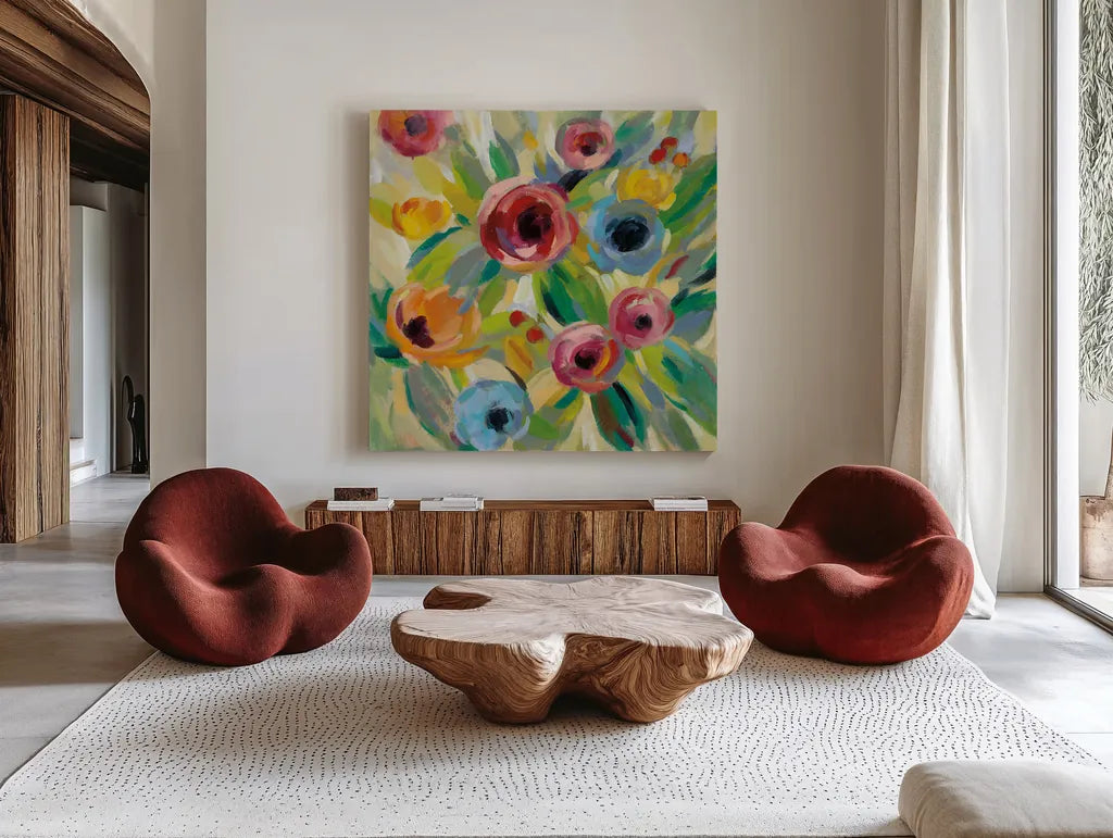 Vivid Coral Floral II by Silvia Vassileva. Shown as extra-large giant wall art in a modern living room. Available as an archival giclee rolled canvas, fine art paper, or poster print. SKU 52205a.