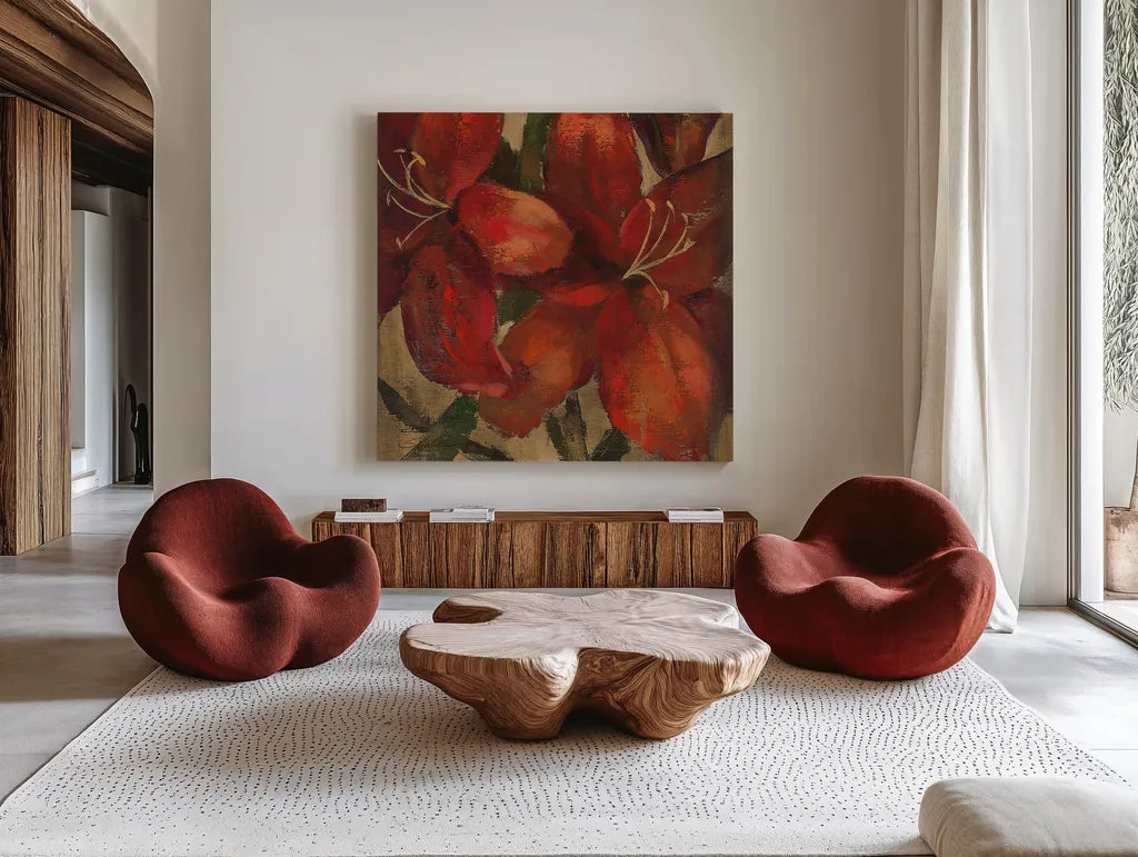 Vivid Red Lily on Gold Crop by Silvia Vassileva. Shown as extra-large giant wall art in a modern living room. Available as an archival giclee rolled canvas, fine art paper, or poster print. SKU 15040a.