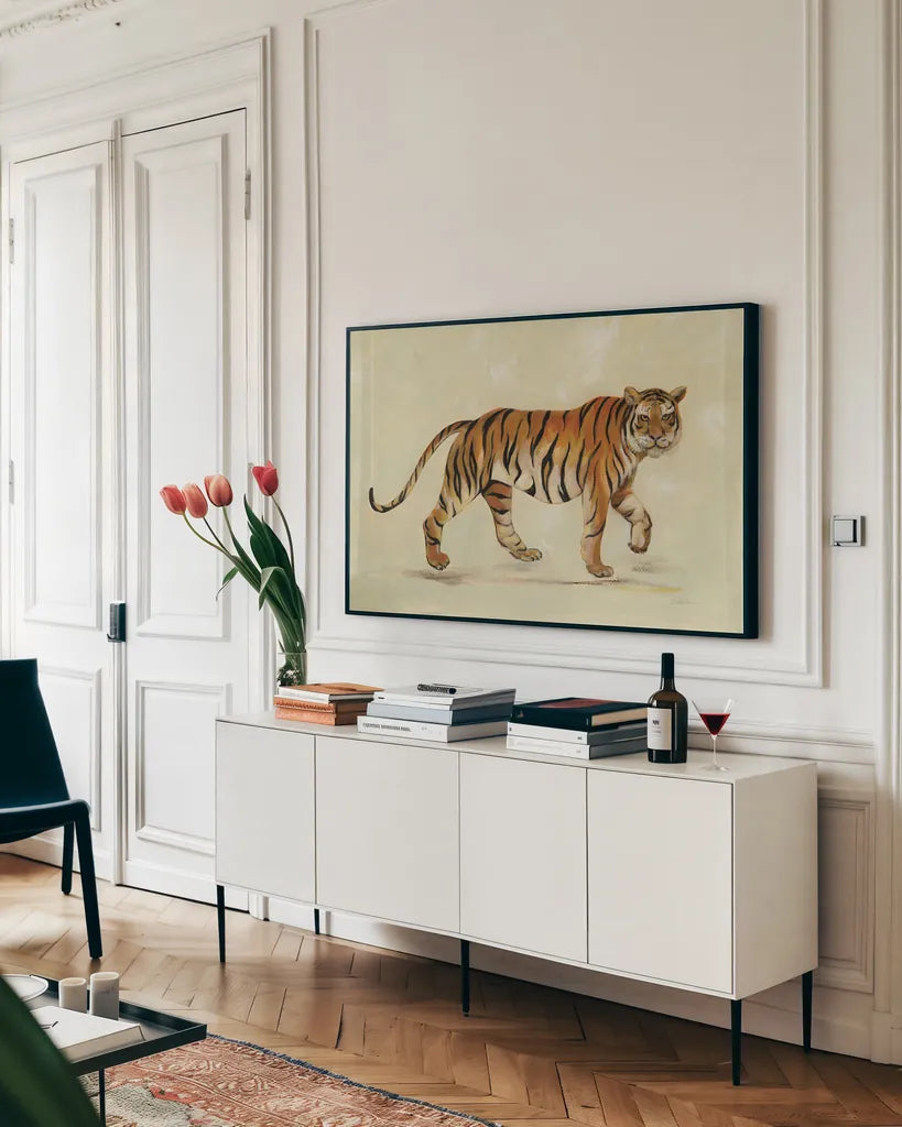 Walking Tiger by Silvia Vassileva. shown as a framed stretched canvas in a living room above a console. Available as a archival giclee rolled canvas, fine art paper, or poster print. SKU 56801i.