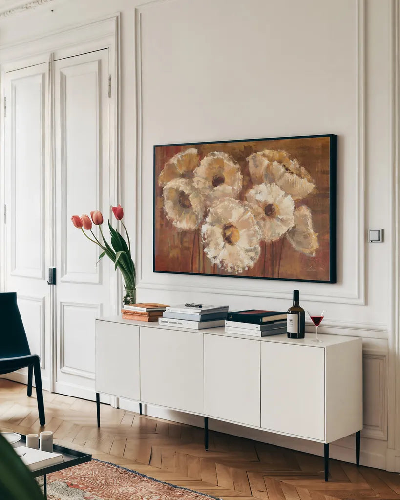 Waltzing Poppies by Silvia Vassileva. shown as a framed stretched canvas in a living room above a console. Available as a archival giclee rolled canvas, fine art paper, or poster print. SKU 4100i.