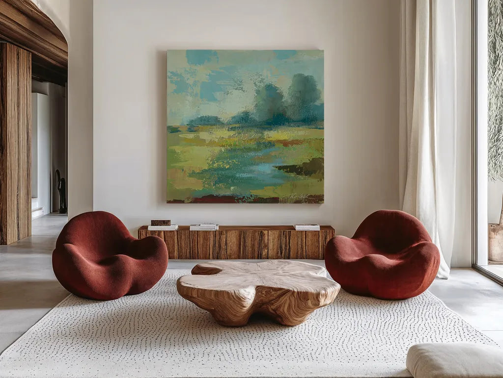 Windsor Blue Field IV by Silvia Vassileva. Shown as extra-large giant wall art in a modern living room. Available as an archival giclee rolled canvas, fine art paper, or poster print. SKU 14779a.
