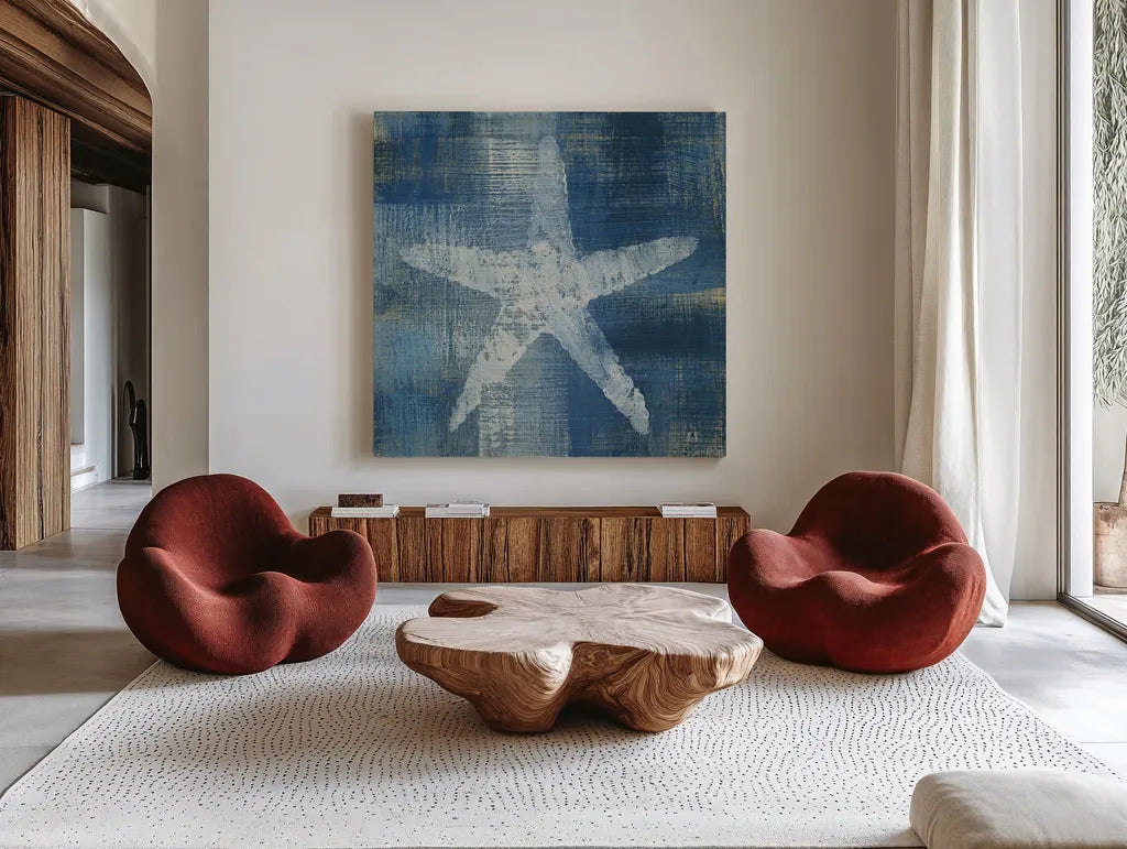 Batik Seas II by Studio Mousseau. Shown as extra-large giant wall art in a modern living room. Available as an archival giclee rolled canvas, fine art paper, or poster print. SKU 32502a.