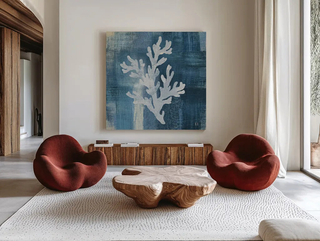 Batik Seas IV by Studio Mousseau. Shown as extra-large giant wall art in a modern living room. Available as an archival giclee rolled canvas, fine art paper, or poster print. SKU 60052a.