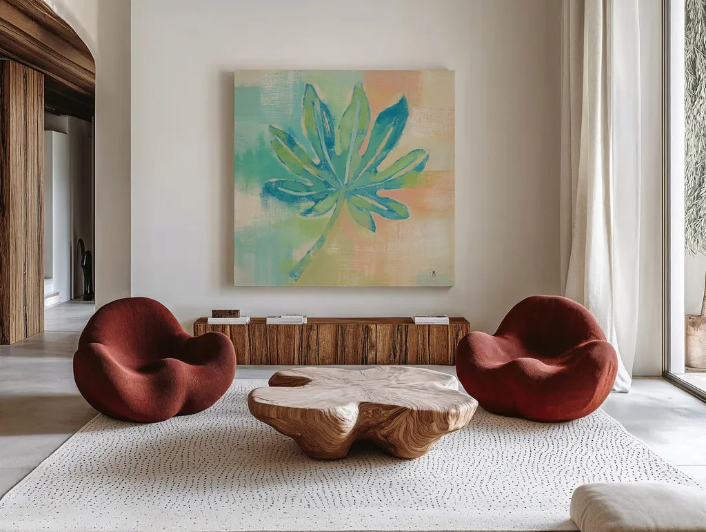 Beach Cove Leaves IV by Studio Mousseau. Shown as extra-large giant wall art in a modern living room. Available as an archival giclee rolled canvas, fine art paper, or poster print. SKU 32500a.