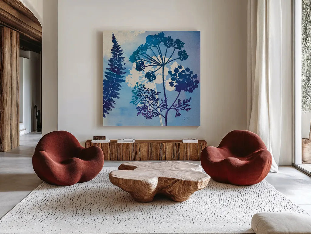 Blue Sky Garden II by Studio Mousseau. Shown as extra-large giant wall art in a modern living room. Available as an archival giclee rolled canvas, fine art paper, or poster print. SKU 34634a.
