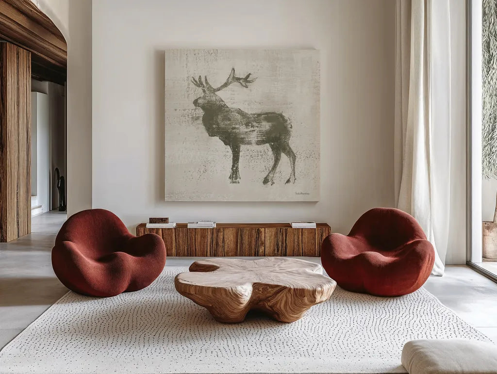 Cabin Elk Study by Studio Mousseau. Shown as extra-large giant wall art in a modern living room. Available as an archival giclee rolled canvas, fine art paper, or poster print. SKU 85456a.