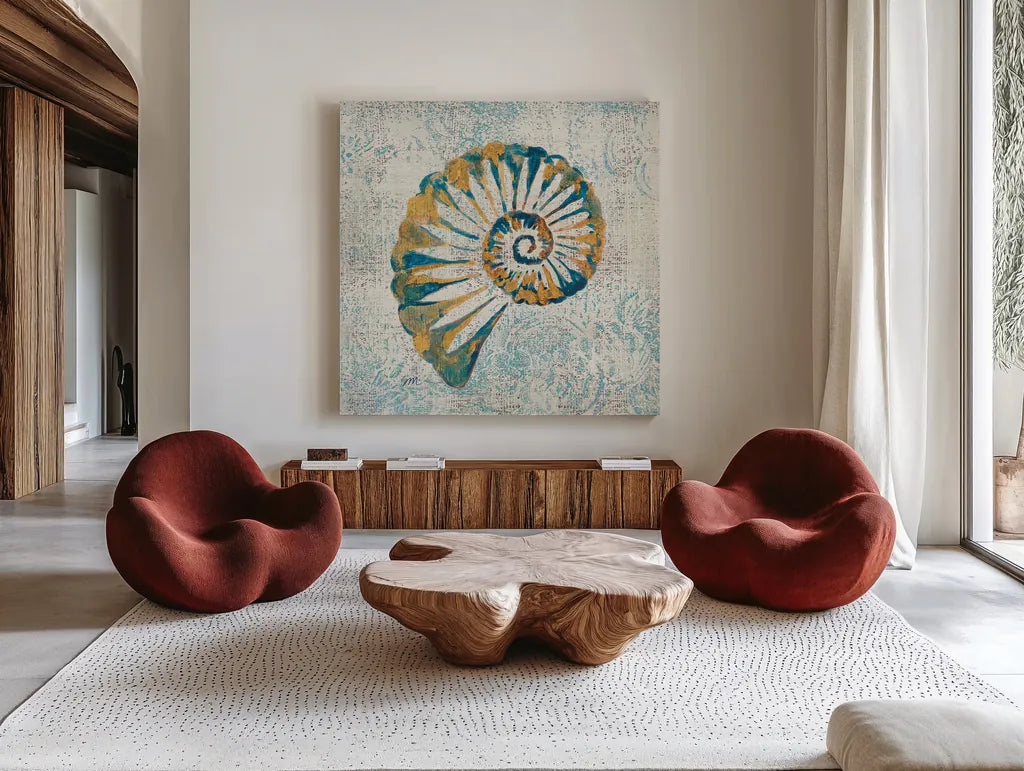 Coastal Beauty II by Studio Mousseau. Shown as extra-large giant wall art in a modern living room. Available as an archival giclee rolled canvas, fine art paper, or poster print. SKU 13290a.