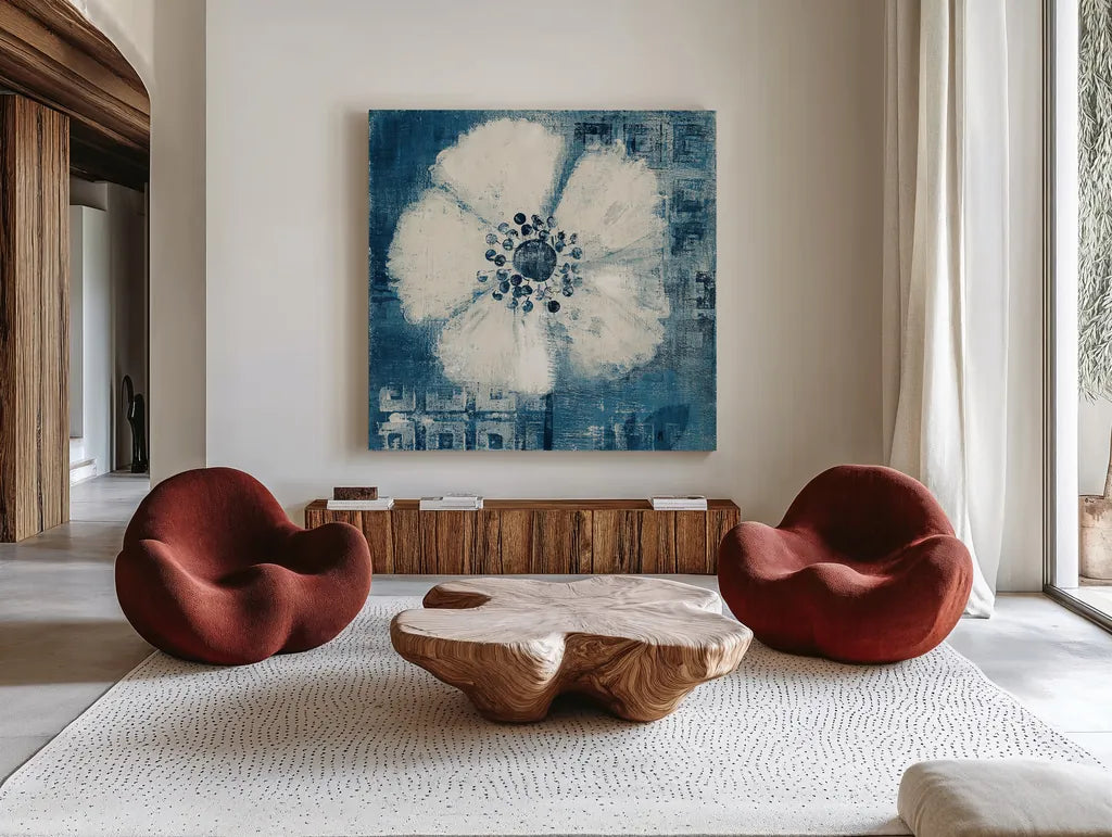 Daisy for Barbara Blue Crop by Studio Mousseau. Shown as extra-large giant wall art in a modern living room. Available as an archival giclee rolled canvas, fine art paper, or poster print. SKU 36446a.