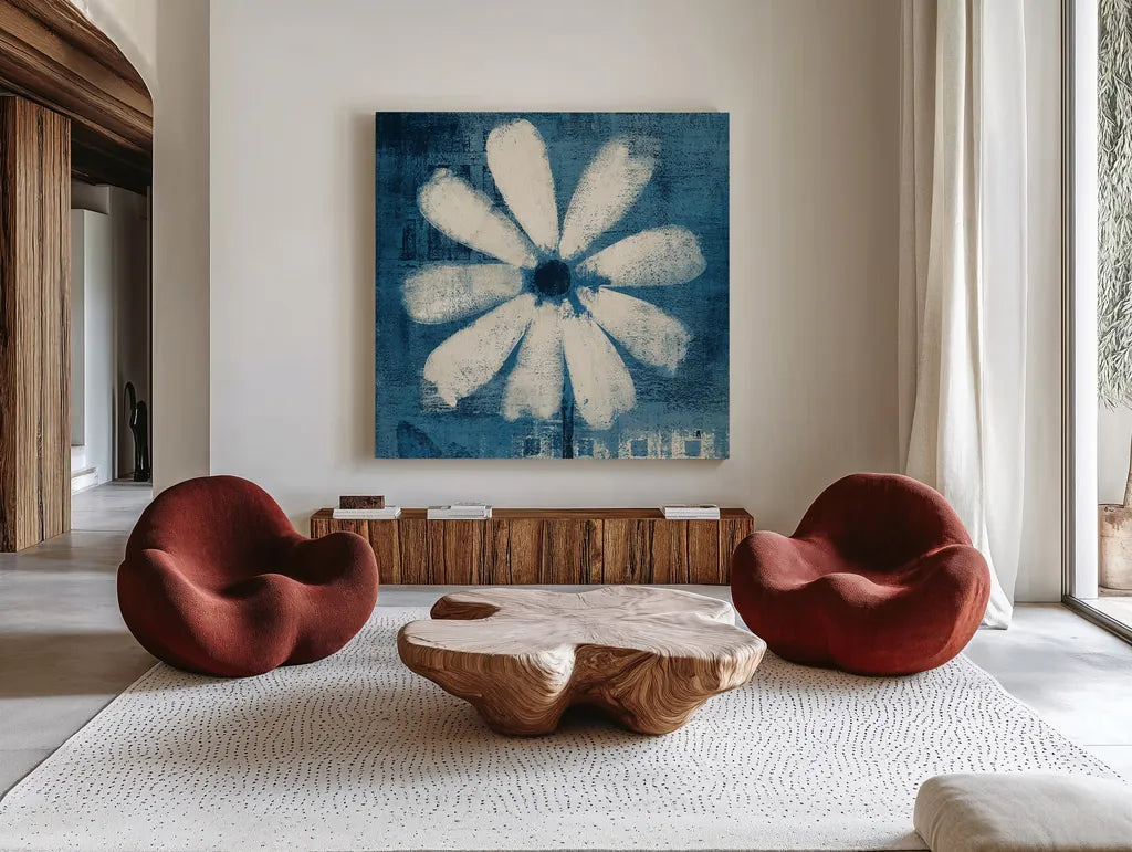 Daisy for Belinda Blue by Studio Mousseau. Shown as extra-large giant wall art in a modern living room. Available as an archival giclee rolled canvas, fine art paper, or poster print. SKU 57129a.