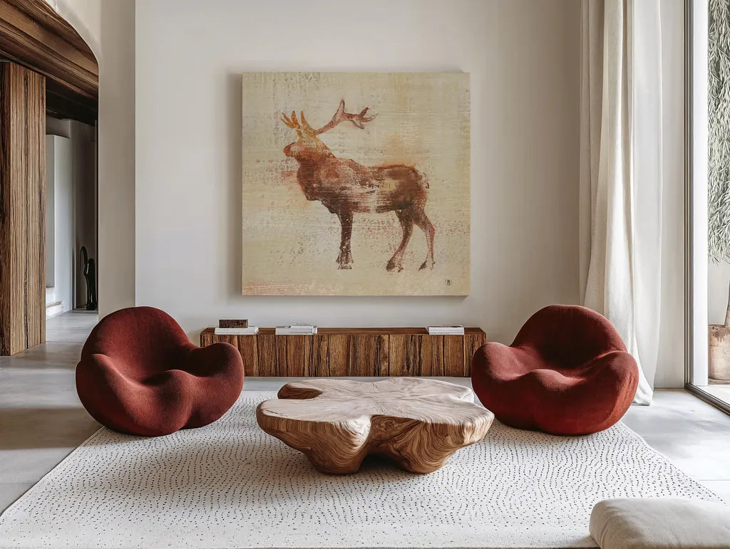 Elk Study by Studio Mousseau. Shown as extra-large giant wall art in a modern living room. Available as an archival giclee rolled canvas, fine art paper, or poster print. SKU 32509a.