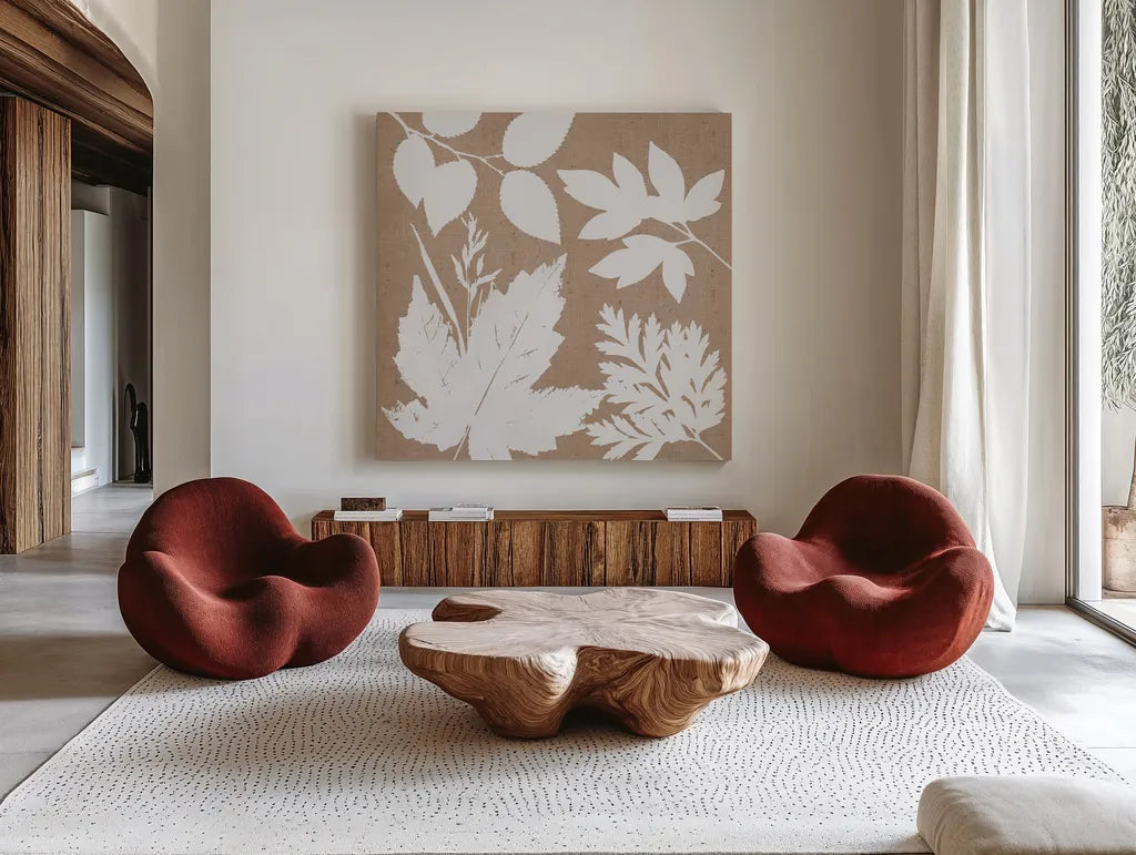 Leaves of Inspiration I Neutral by Studio Mousseau. Shown as extra-large giant wall art in a modern living room. Available as an archival giclee rolled canvas, fine art paper, or poster print. SKU 77401a.