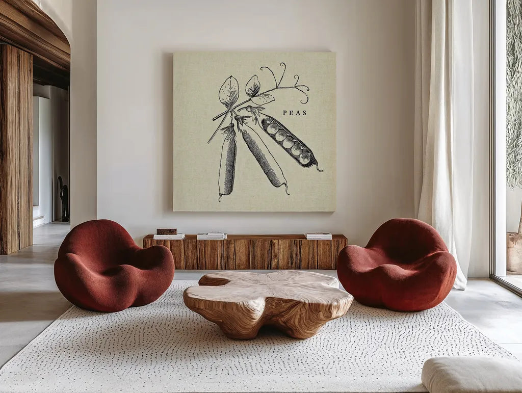 Linen Vegetable BW Sketch Peas by Studio Mousseau. Shown as extra-large giant wall art in a modern living room. Available as an archival giclee rolled canvas, fine art paper, or poster print. SKU 30529a.