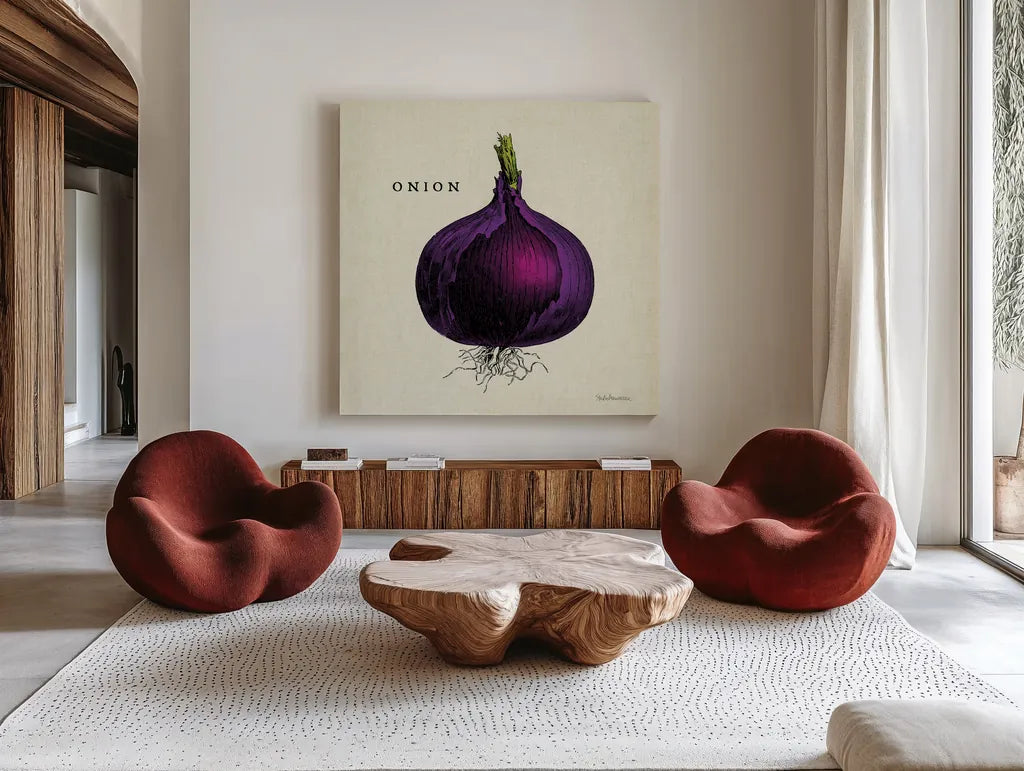 Linen Vegetable III v2 by Studio Mousseau. Shown as extra-large giant wall art in a modern living room. Available as an archival giclee rolled canvas, fine art paper, or poster print. SKU 39375a.