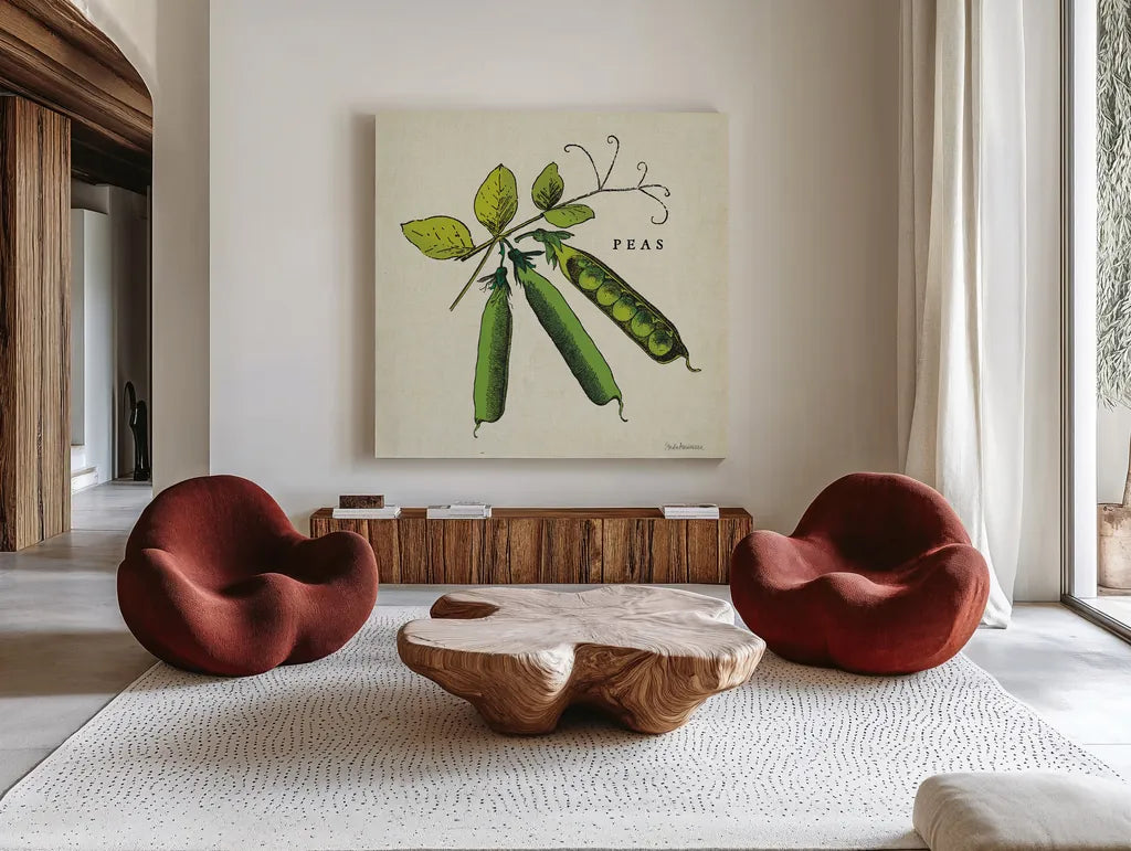 Linen Vegetable IV v2 by Studio Mousseau. Shown as extra-large giant wall art in a modern living room. Available as an archival giclee rolled canvas, fine art paper, or poster print. SKU 39376a.