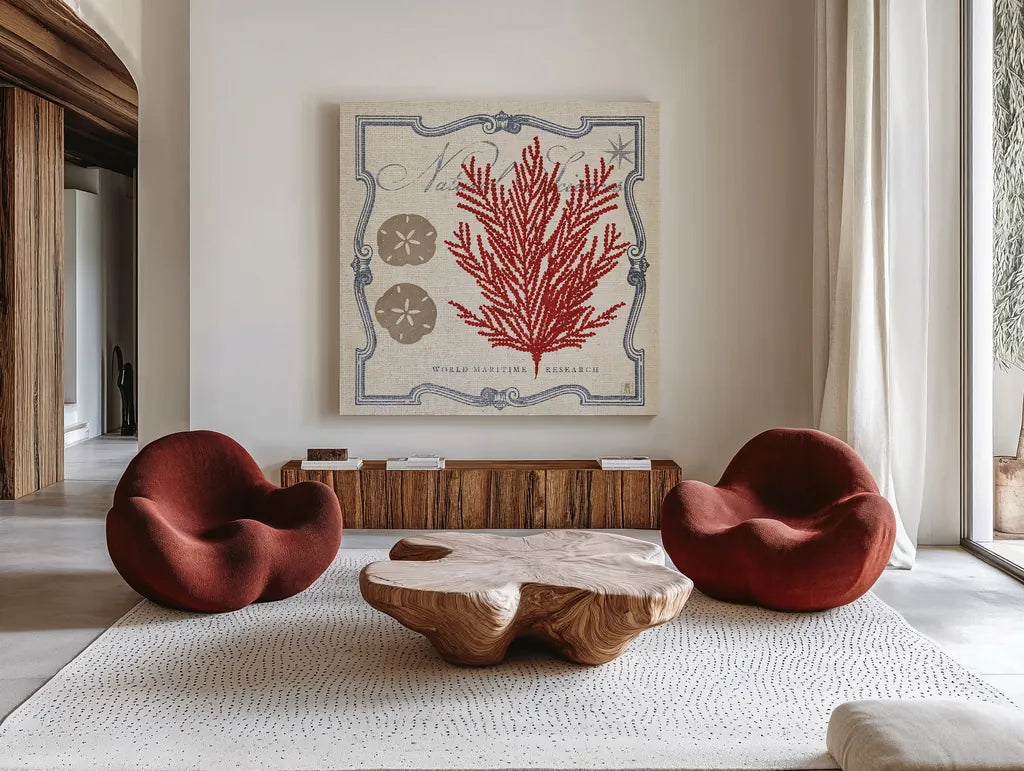 Pacific Sea Fern by Studio Mousseau. Shown as extra-large giant wall art in a modern living room. Available as an archival giclee rolled canvas, fine art paper, or poster print. SKU 12659a.