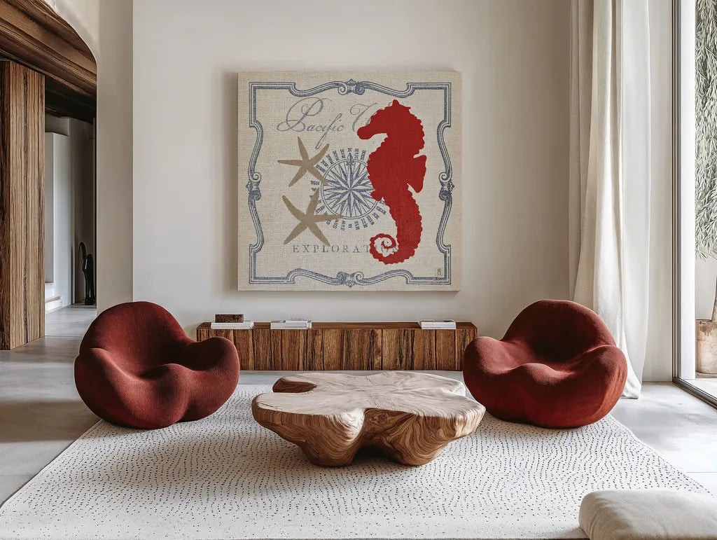 Pacific Seahorse by Studio Mousseau. Shown as extra-large giant wall art in a modern living room. Available as an archival giclee rolled canvas, fine art paper, or poster print. SKU 12660a.
