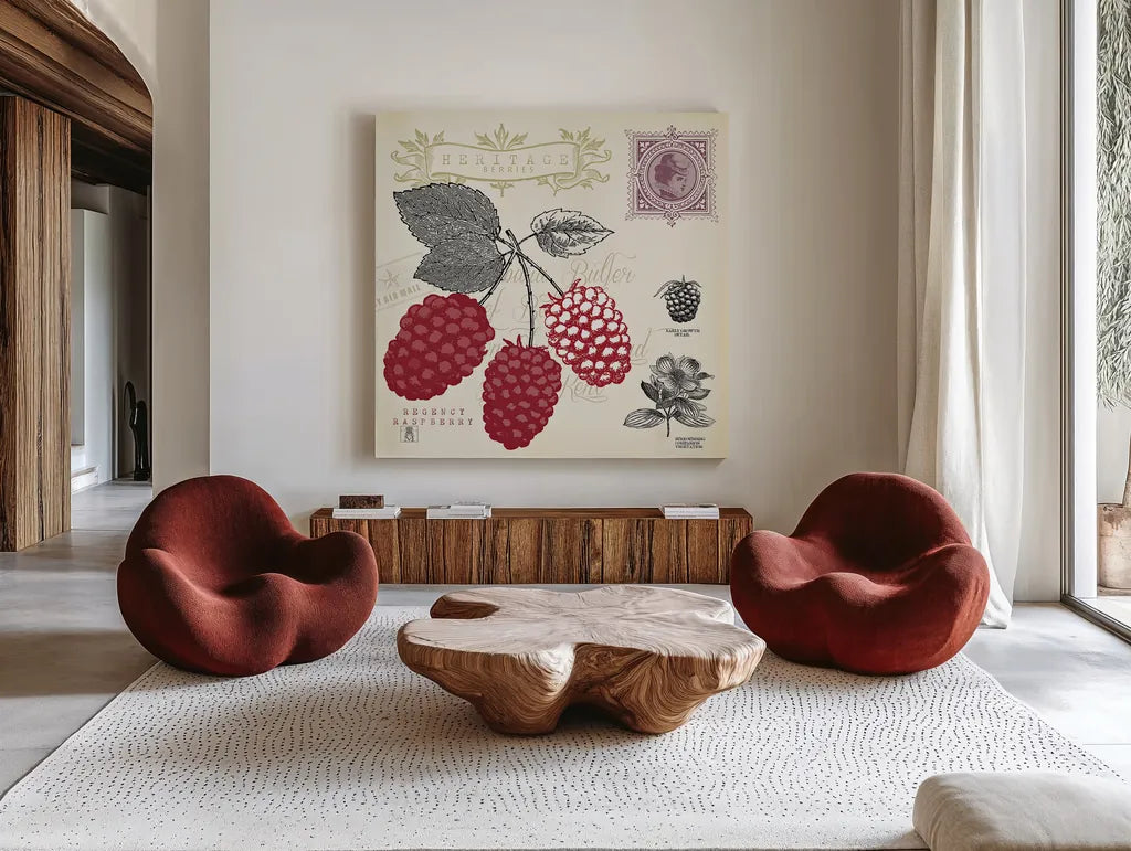 Raspberry Notes by Studio Mousseau. Shown as extra-large giant wall art in a modern living room. Available as an archival giclee rolled canvas, fine art paper, or poster print. SKU 10743a.