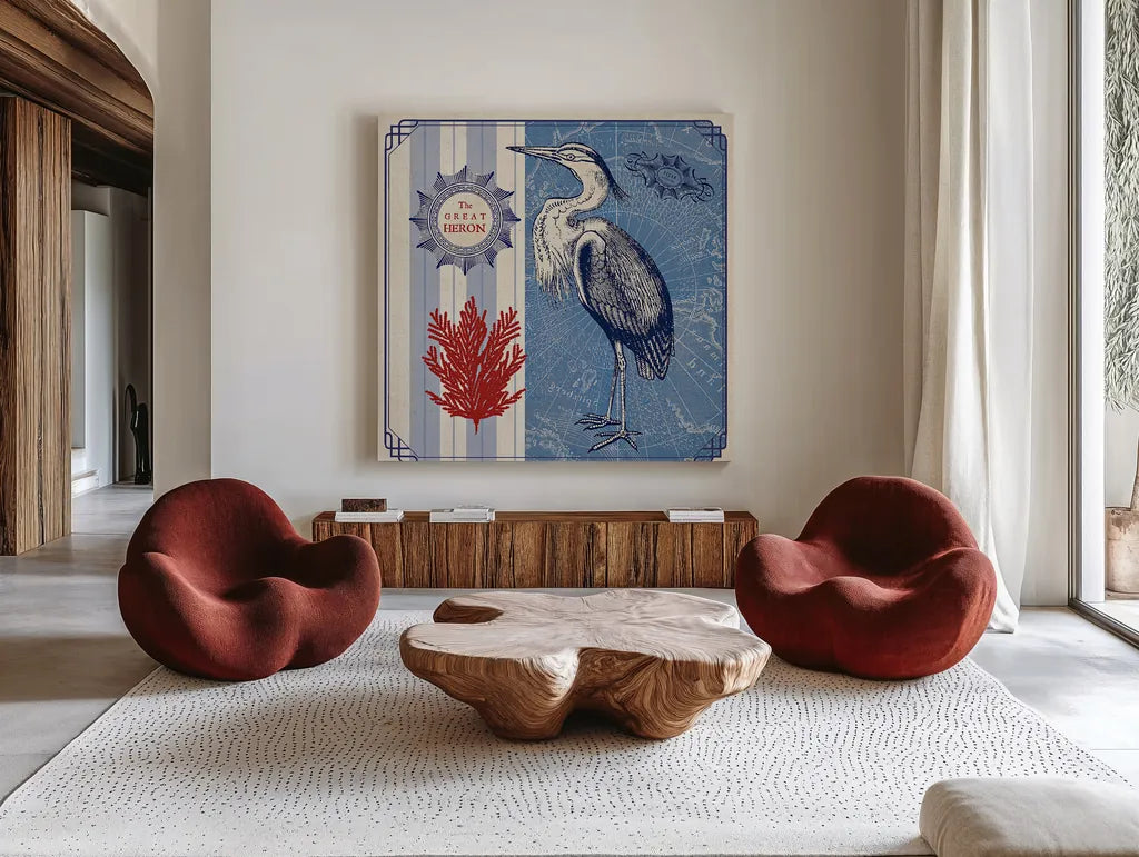 Sea Bird IV by Studio Mousseau. Shown as extra-large giant wall art in a modern living room. Available as an archival giclee rolled canvas, fine art paper, or poster print. SKU 24706a.