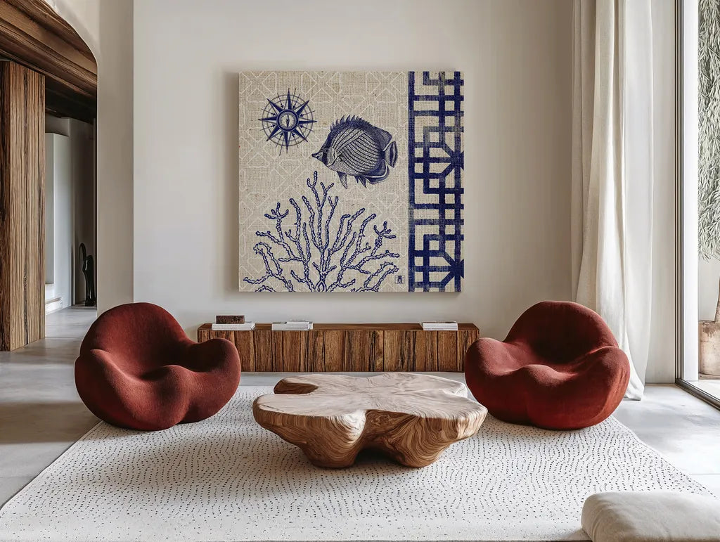 Sea Shore Square II by Studio Mousseau. Shown as extra-large giant wall art in a modern living room. Available as an archival giclee rolled canvas, fine art paper, or poster print. SKU 11522a.