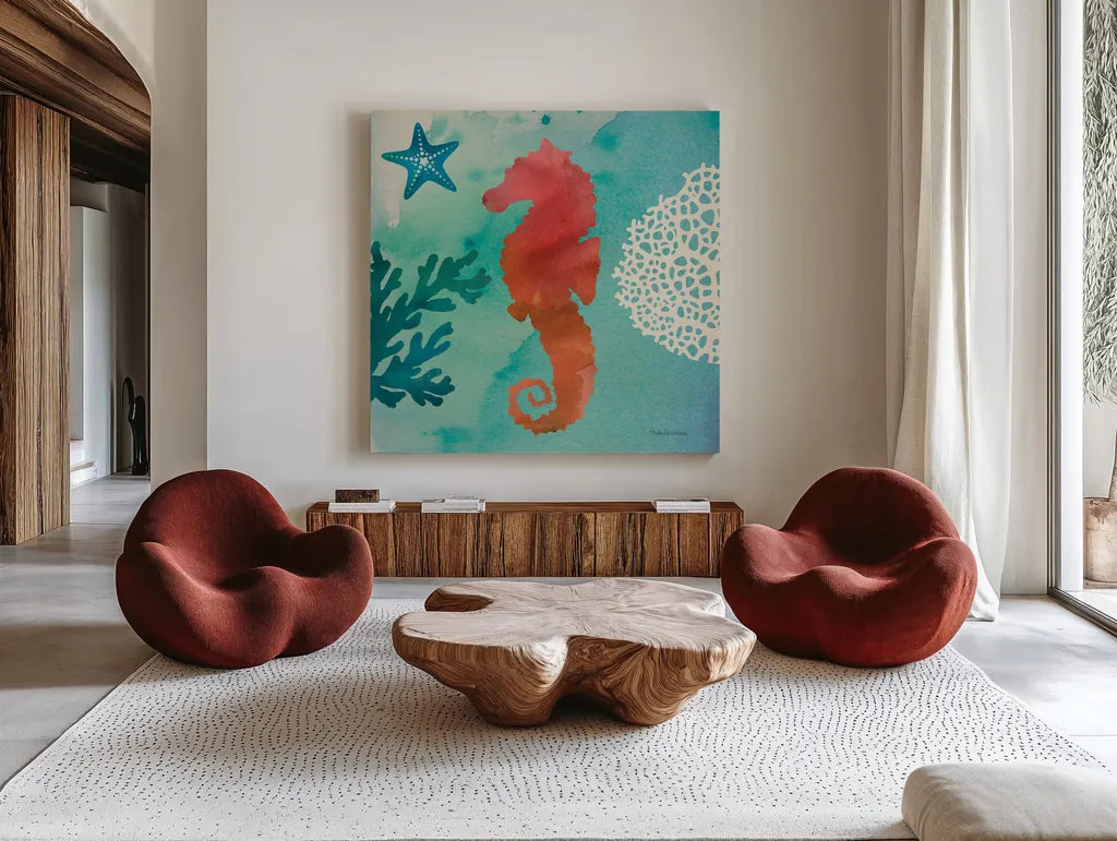 Under the Sea I by Studio Mousseau. Shown as extra-large giant wall art in a modern living room. Available as an archival giclee rolled canvas, fine art paper, or poster print. SKU 34637a.
