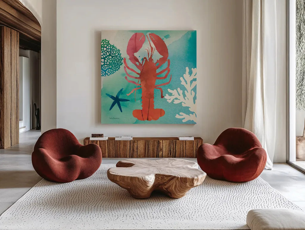 Under the Sea IV by Studio Mousseau. Shown as extra-large giant wall art in a modern living room. Available as an archival giclee rolled canvas, fine art paper, or poster print. SKU 34640a.