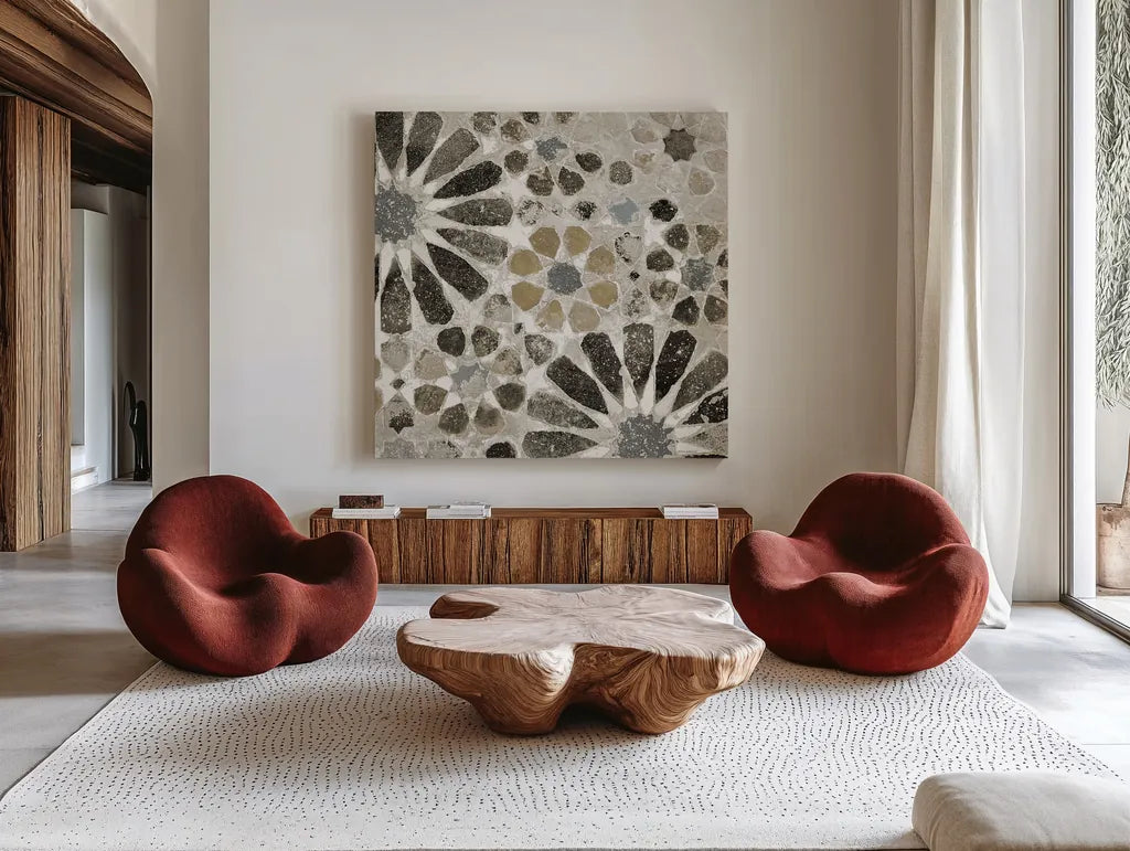 Alhambra Tile II Neutral by Sue Schlabach. Shown as extra-large giant wall art in a modern living room. Available as an archival giclee rolled canvas, fine art paper, or poster print. SKU 22456a.