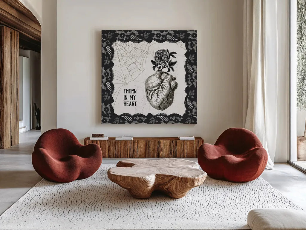 Arsenic and Anatomy I by Sue Schlabach. Shown as extra-large giant wall art in a modern living room. Available as an archival giclee rolled canvas, fine art paper, or poster print. SKU 75717a.