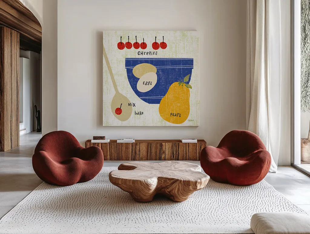 Baking It I by Sue Schlabach. Shown as extra-large giant wall art in a modern living room. Available as an archival giclee rolled canvas, fine art paper, or poster print. SKU 44672a.