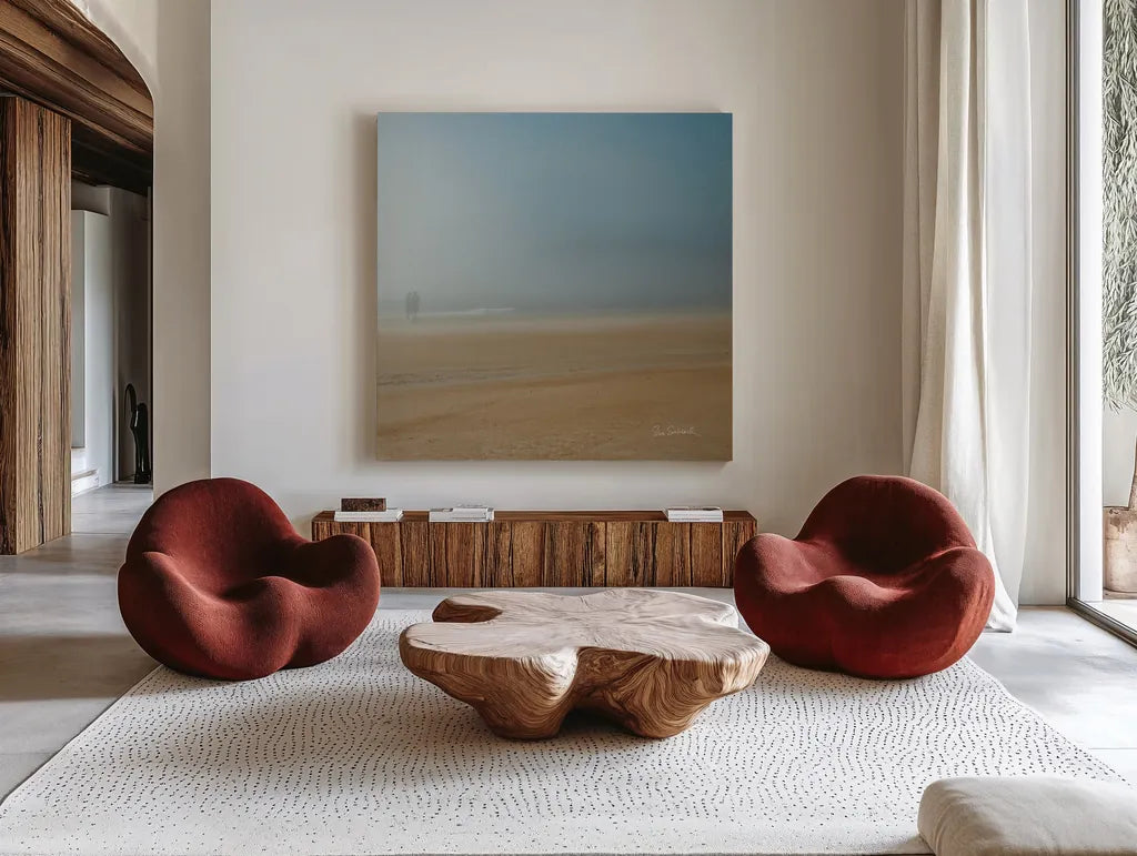Beach Stroll no Border by Sue Schlabach. Shown as extra-large giant wall art in a modern living room. Available as an archival giclee rolled canvas, fine art paper, or poster print. SKU 10606a.