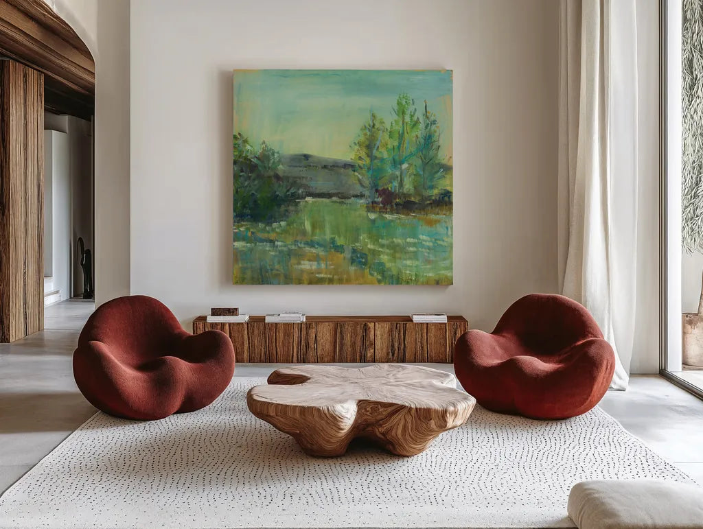 Beautiful Life by Sue Schlabach. Shown as extra-large giant wall art in a modern living room. Available as an archival giclee rolled canvas, fine art paper, or poster print. SKU 38101a.