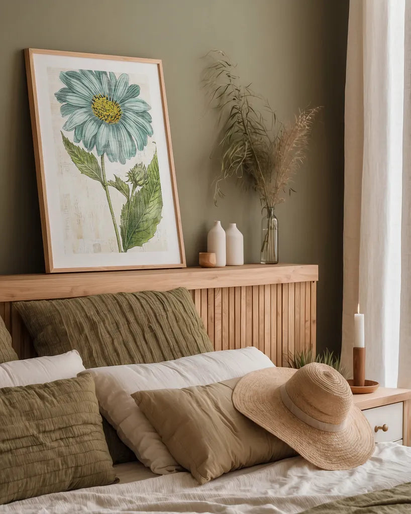 Bloemen Boek VI by Sue Schlabach. shown as a paper print in a natural frame. Available as a archival giclee rolled canvas, fine art paper, or poster print. SKU 28496h.