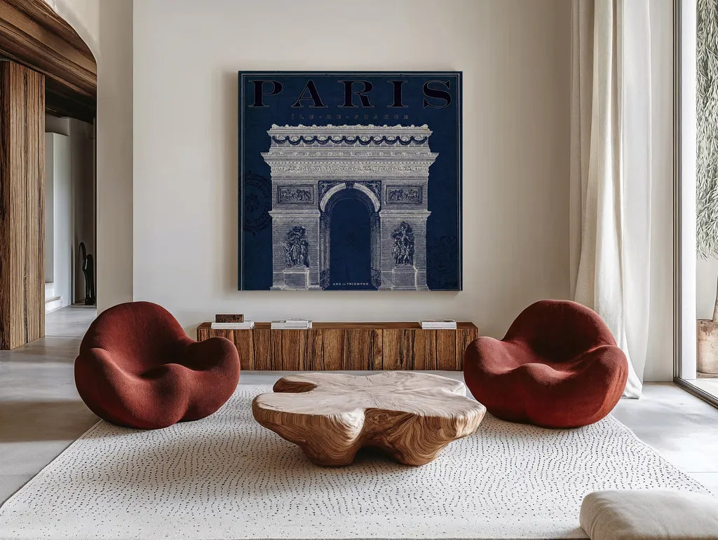 Blueprint Arc de Triomphe by Sue Schlabach. Shown as extra-large giant wall art in a modern living room. Available as an archival giclee rolled canvas, fine art paper, or poster print. SKU 14902a.